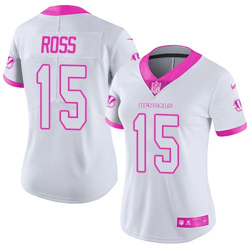 Nike Bengals #15 John Ross White/Pink Women's Stitched NFL Limited Rush Fashion Jersey